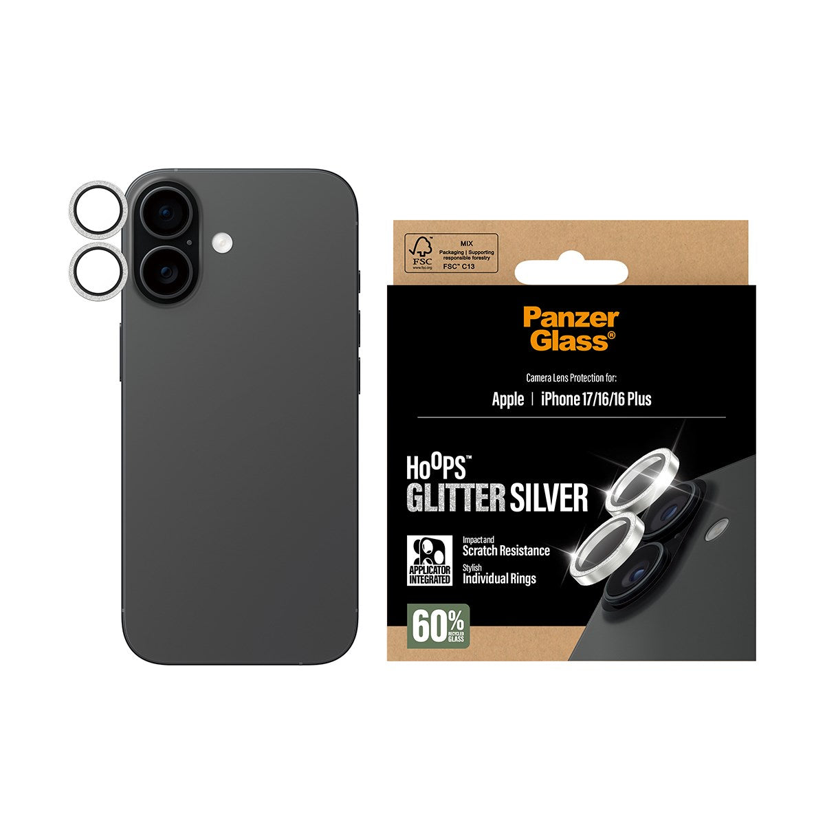 PanzerGlass® Hoops® Glitter Silber Kameraschutz iPhone 17 | iPhone 16 | 16 Plus
